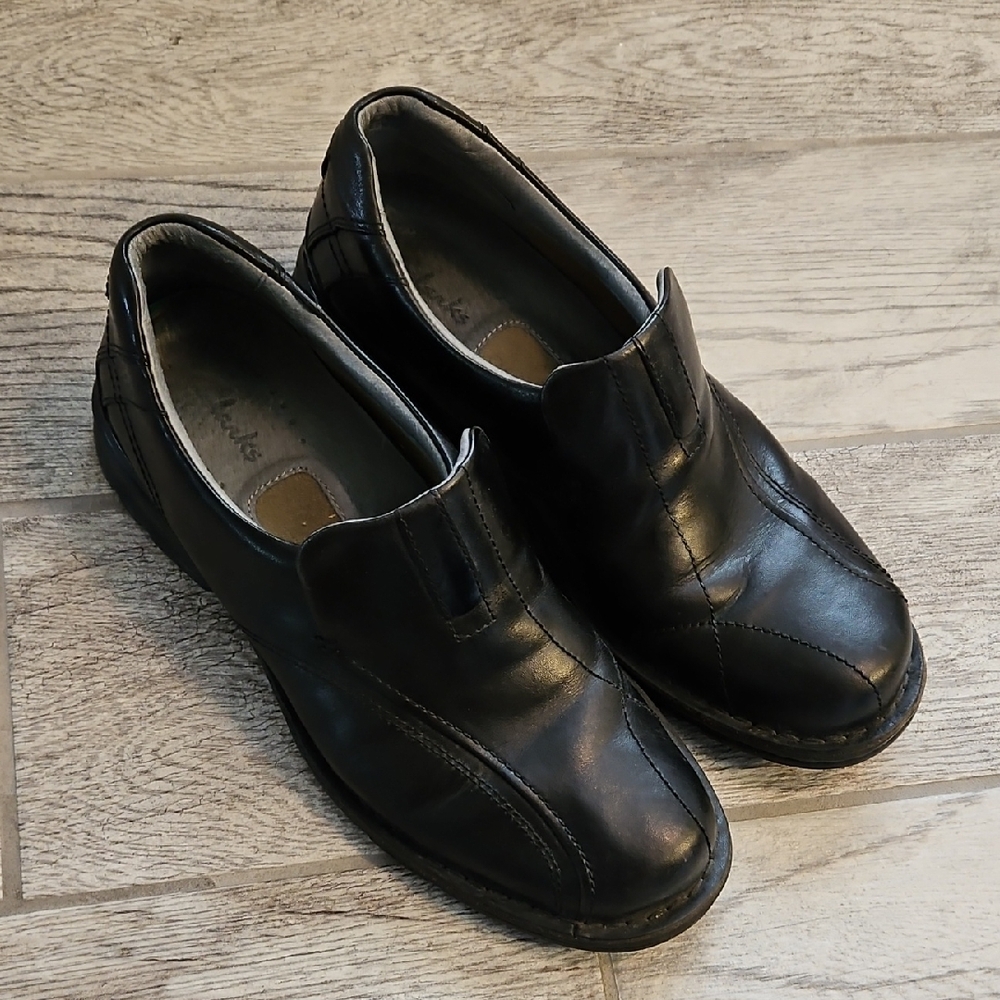 Clarks Black Leather Slip-On Shoes